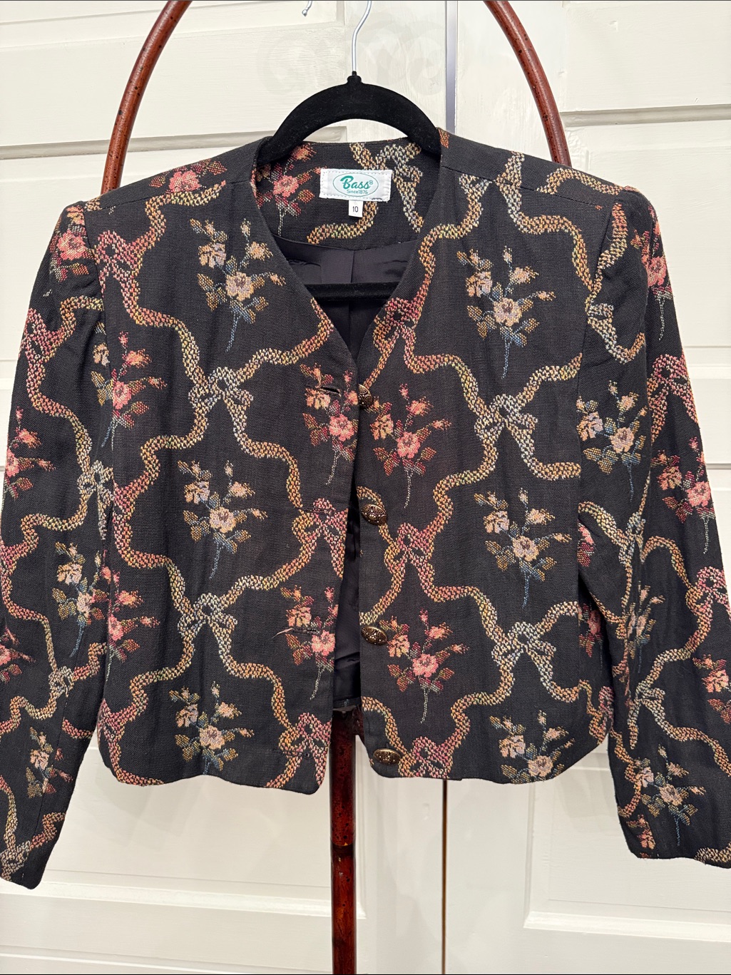 Vintage Bass Cropped Tapestry Jacket Floral Ribbon Cottagecore Blazer